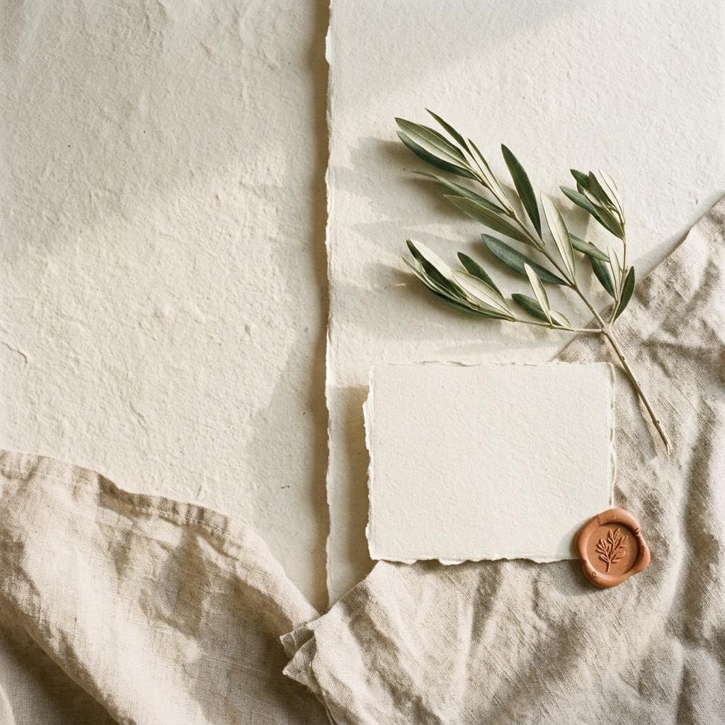 Olive sprig, blank letterpress card and terracotta wax seal on linen